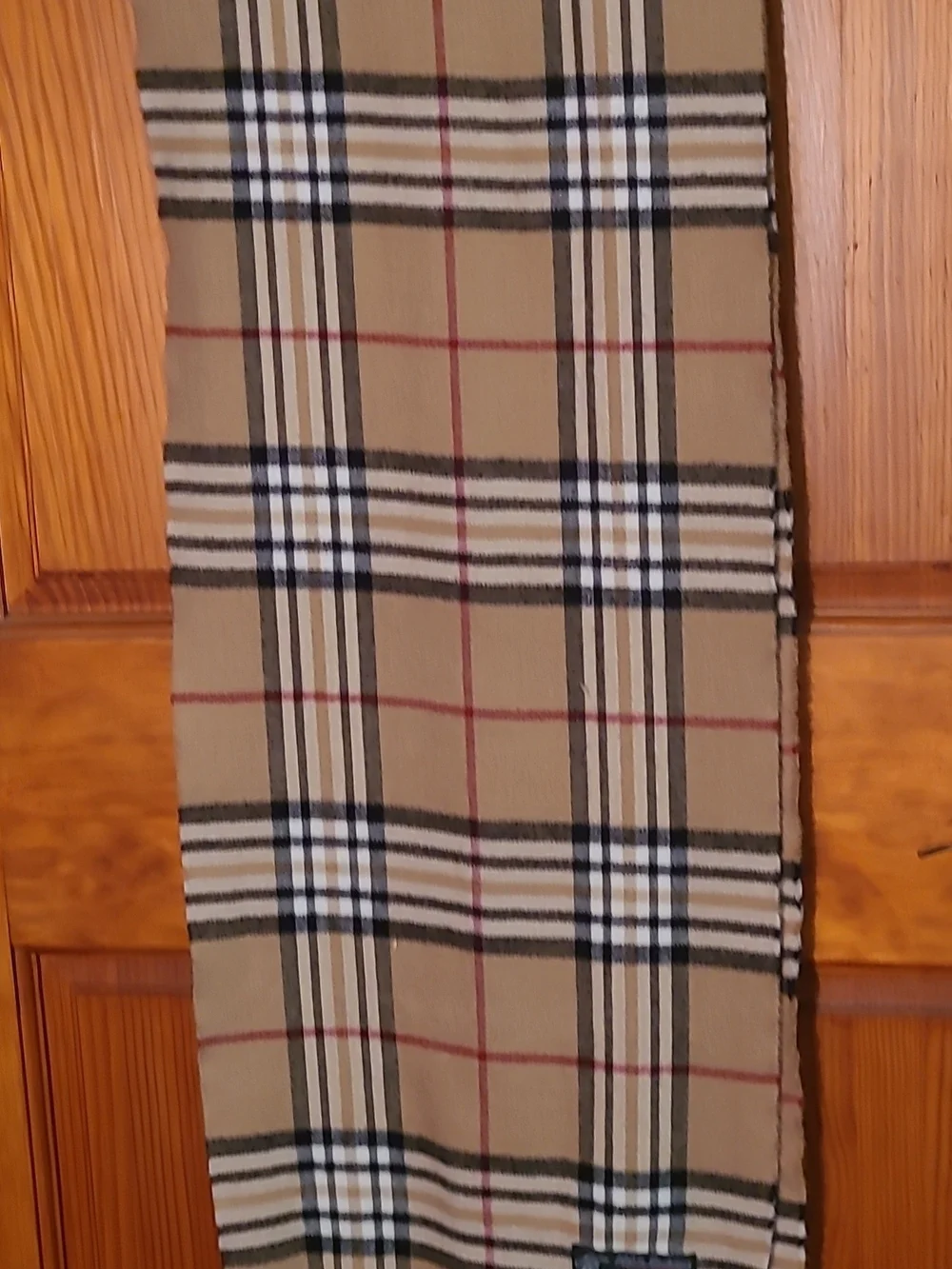 Classic Tan Plaid Scarf with Black, White and Red Stripes Cashmere NWOT Italy